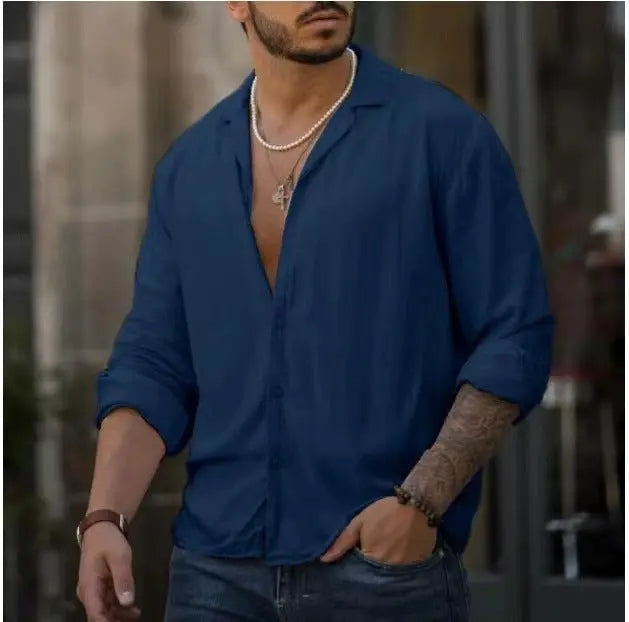 Trendy Men's Long-Sleeved Shirt (Colors) Dark Blue