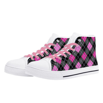 Pink Plaid Womens High Top Canvas Shoes - Image #1