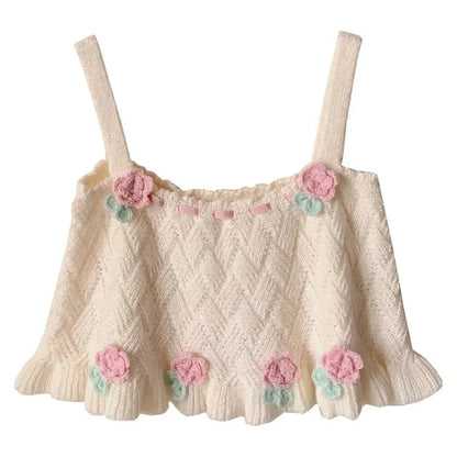Kawaii Chic Tank Top Flower Embroidery Knitted Picture color