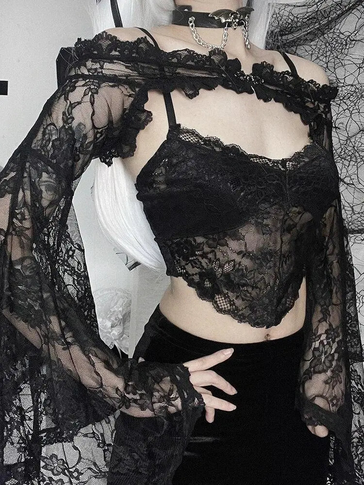 Sexy Goth Long Sleeves Lace Crop Top