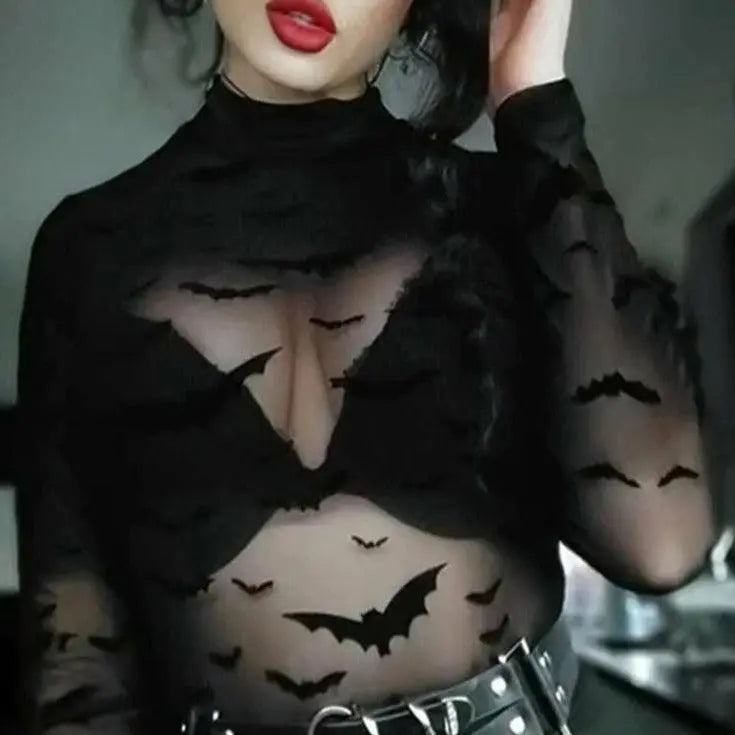 Sexy Gothic Black Bat Print Sheer Top