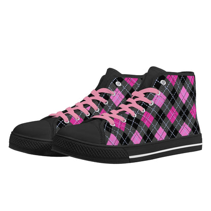 Pink Plaid Womens High Top Canvas Shoes - Image #10