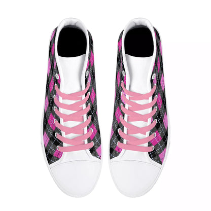 Pink Plaid Womens High Top Canvas Shoes - Image #6