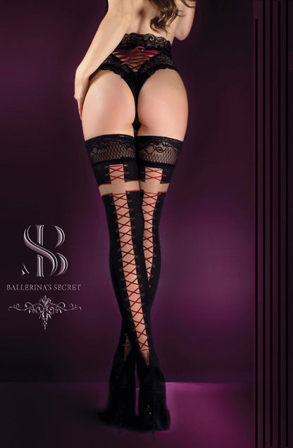 Hold Up Stockings with Criss-Cross Pattern (Black/Skin)