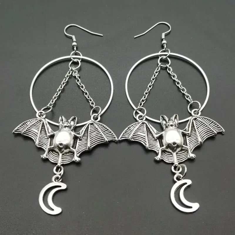 Moon Star and Bat Earrings Silver