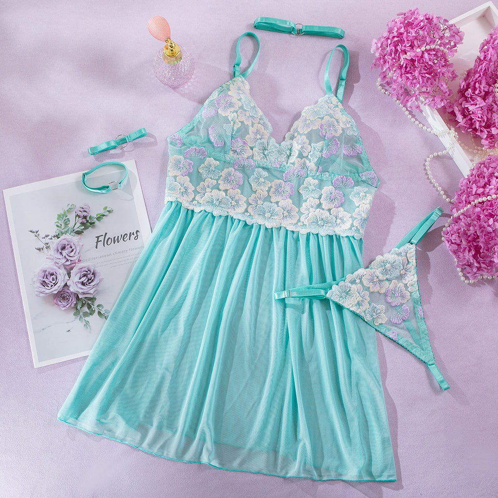 Mint Desire Embroidered Lingerie Set