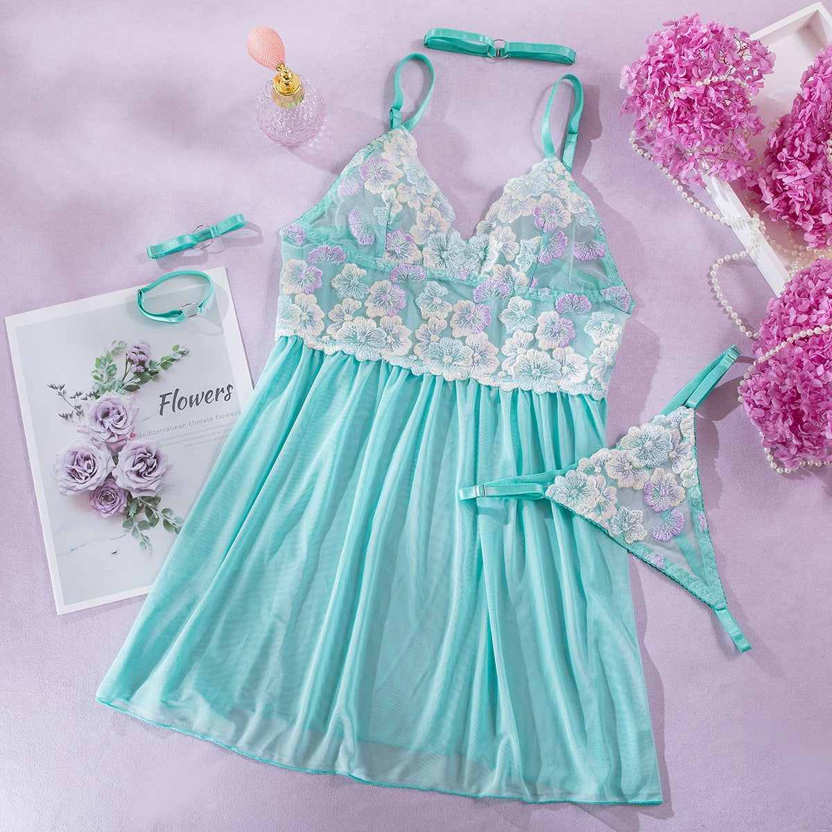 Mint Desire Embroidered Lingerie Set