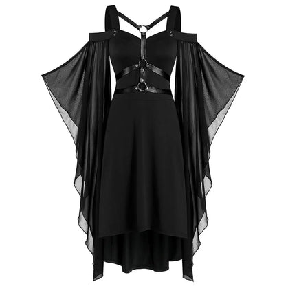 Plus Batwing Sleeve Lace-Up Harness Cold Shoulder Dress (Colors) Black