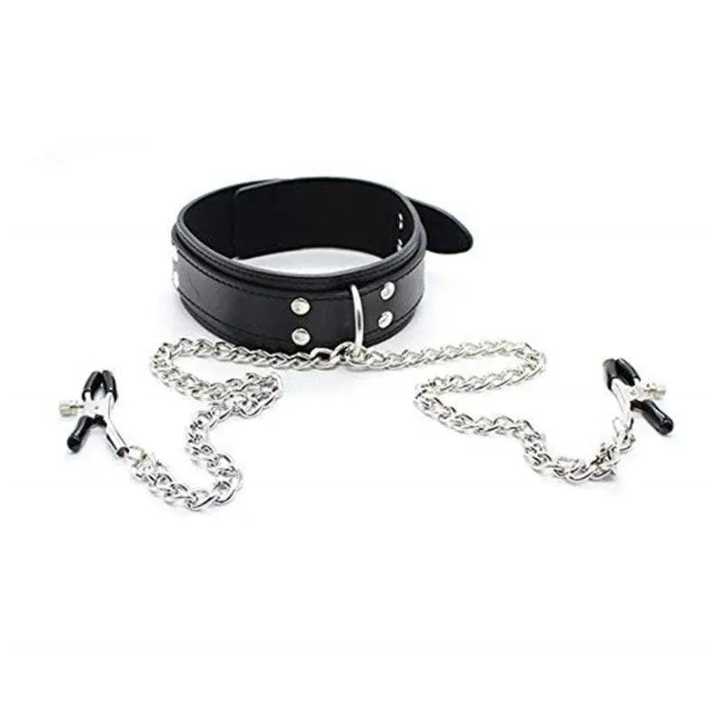 Leather Collar Nipple Clamps with Chain