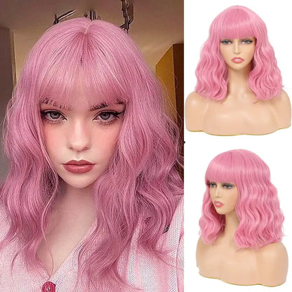 Lovely Rose Pink Wig With Bangs ROSE RED 14inches