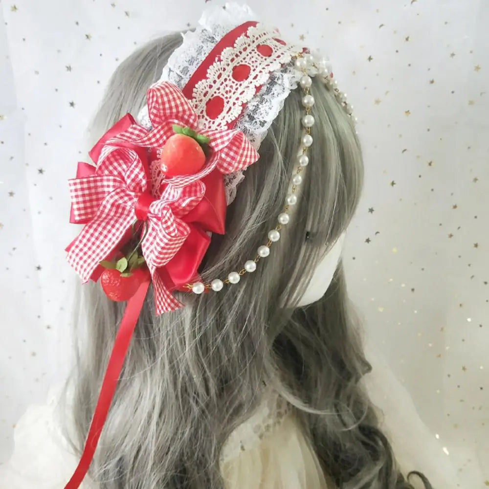 Soft Girl Red Plaid Bow Lace Strawberry