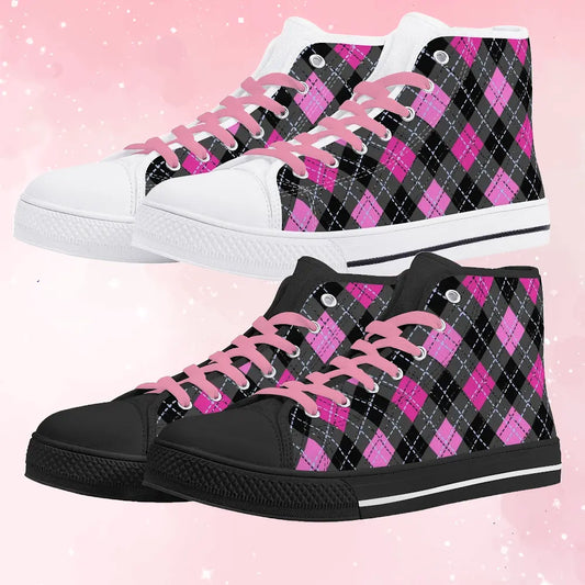 Pink Plaid Womens High Top Canvas Shoes - Image #20