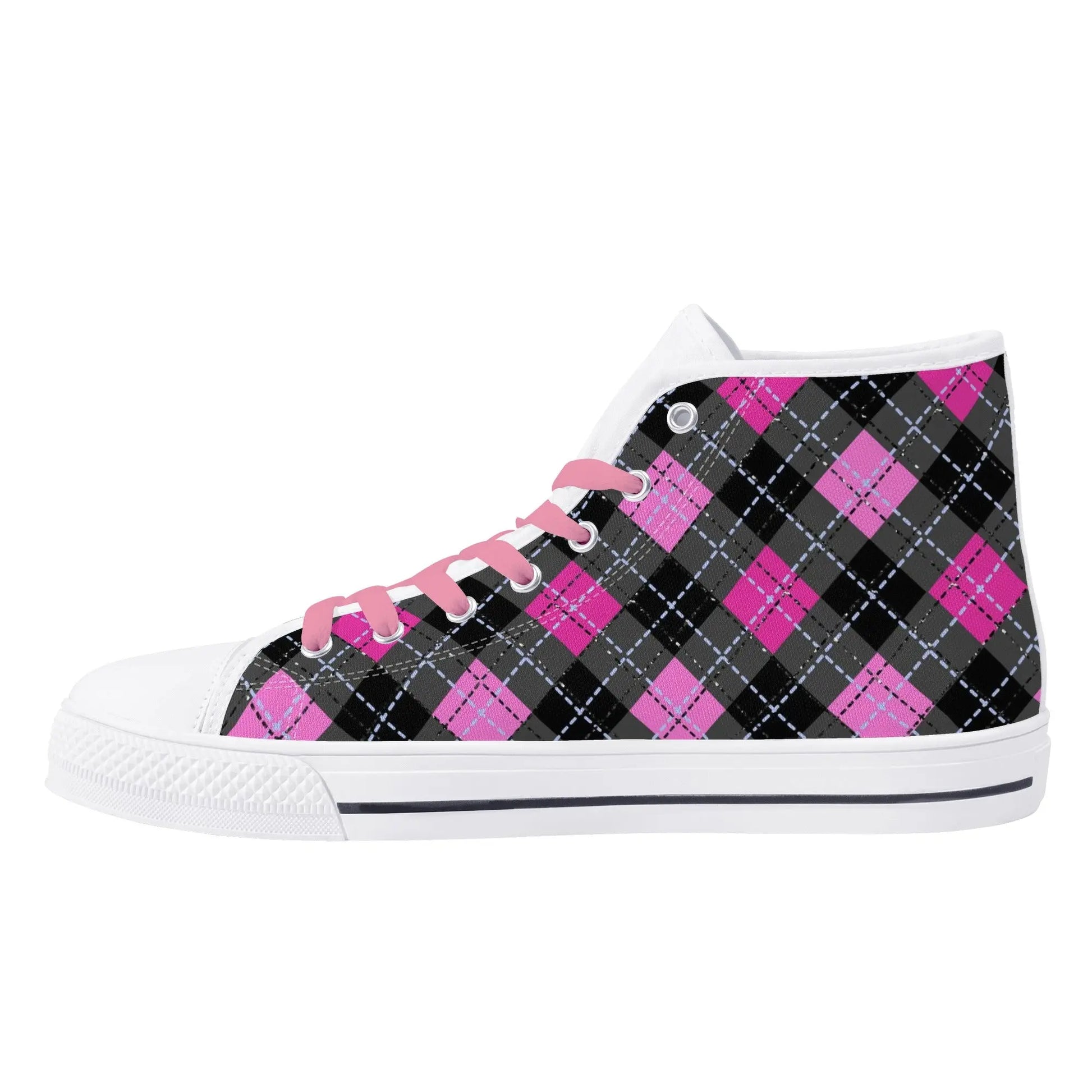 Pink Plaid Womens High Top Canvas Shoes - Image #5