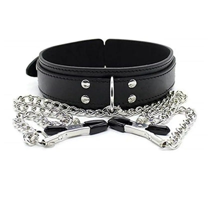 Leather Collar Nipple Clamps with Chain PU-Black United States