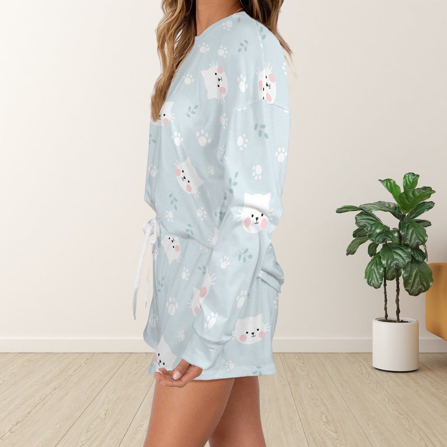 Women's Cartoon Cat Long Sleeve&Tether Shorts Pocket Pajama Sets