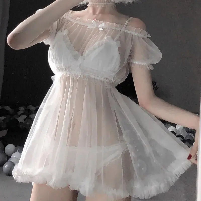 Kawaii Babydoll Lace Nightdress Lingerie Set (Colors) White Set One Size