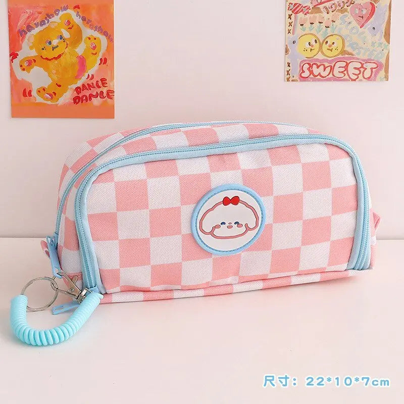 Kawaii Checkerboard Pencil Case (Colors) Pink-Zipper