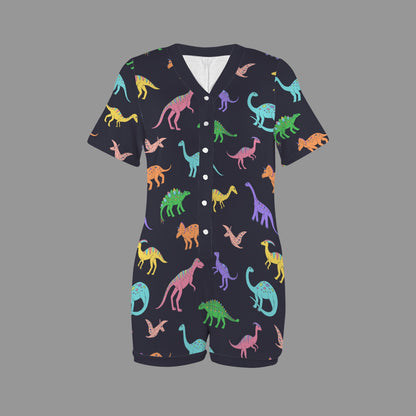 Women's Cartoon Dinosaur V-Neck Short Sleeve Button Onesies Pajamas