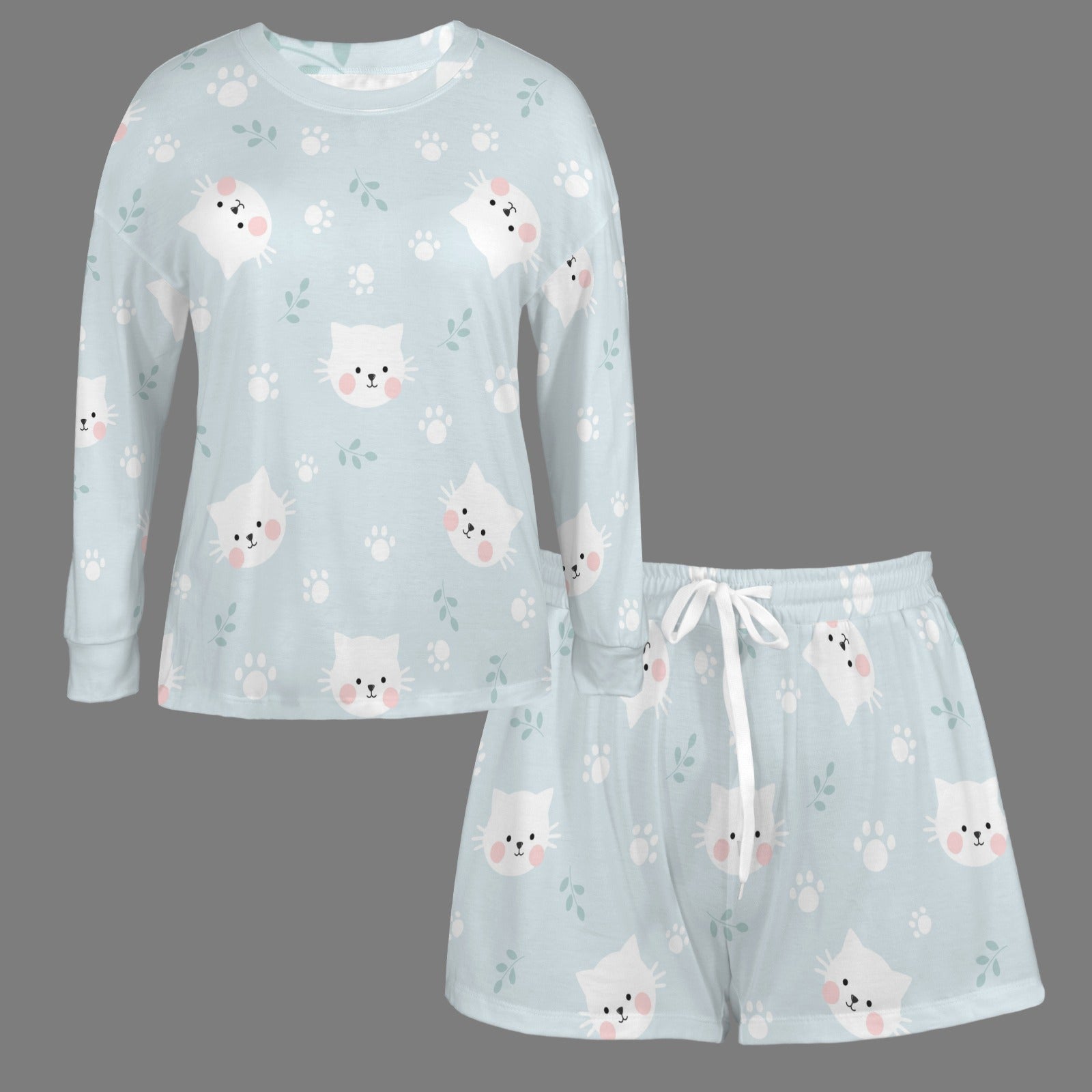 Women's Cartoon Cat Long Sleeve&Tether Shorts Pocket Pajama Sets