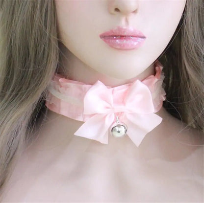 Pink Petplay Lolita Collar with Bowknot Bell Pink
