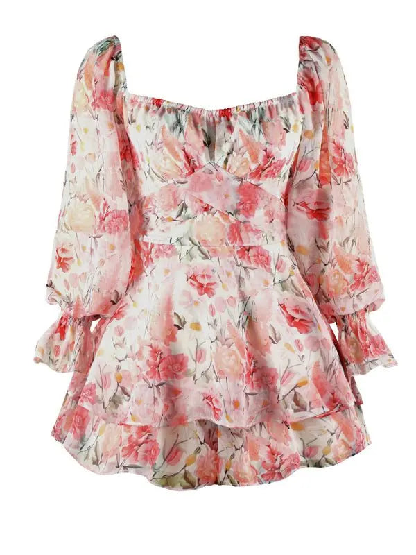 Lovely Floral Sweetheart Puff Sleeve Romper