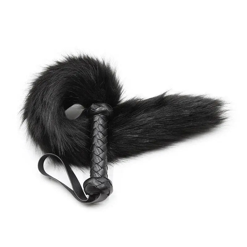 Leather Handle Fox Tail Fur Whip BLACK