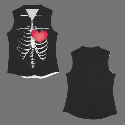 Women's Skull Heart Print Lapel Zip Up Sleeveless Active Tops