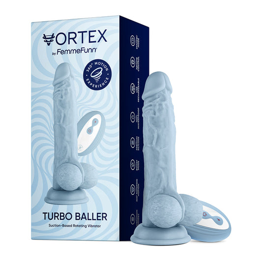 FemmeFunn Vortex Turbo Baller 2.0 8.25 " Vibrating Rotating Dildo Light Blue