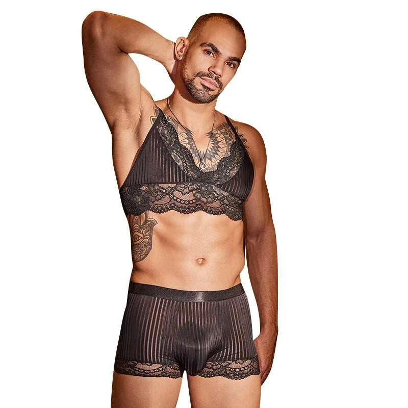 Lace Desire Men’s Striped Bra Set - Puppy's Aesthetics