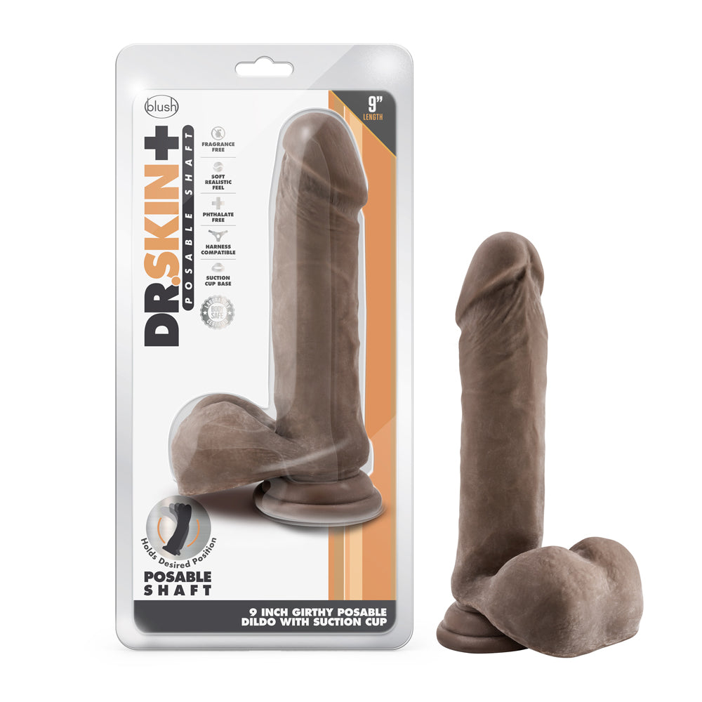 Dr. Skin Plus Thick 9 " Triple Density Posable Dildo with Balls Brown