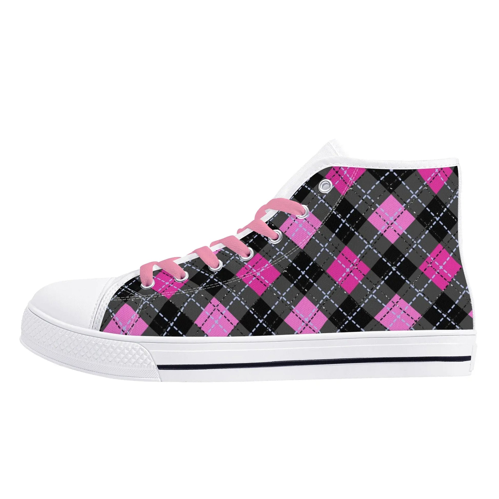 Pink Plaid Womens High Top Canvas Shoes - Image #2