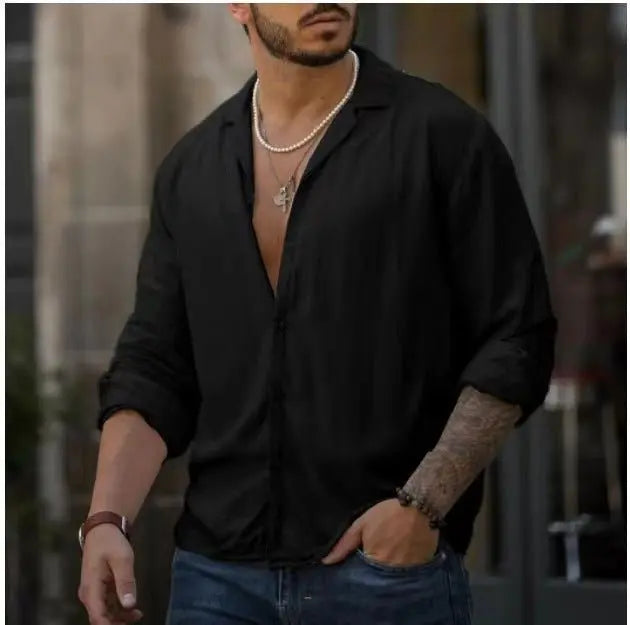 Trendy Men's Long-Sleeved Shirt (Colors) Black