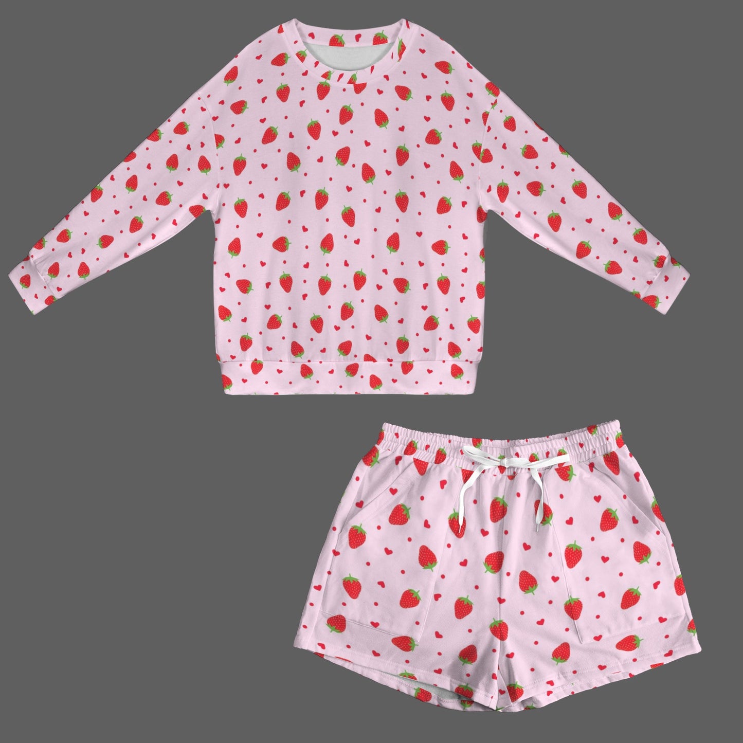 Women's Strawberry Print Long Sleeve Fleece Sweatshirt & Drawstring Shorts Set