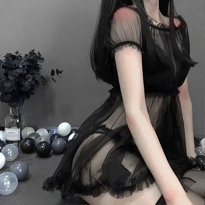 Kawaii Babydoll Lace Nightdress Lingerie Set (Colors) Black Set One Size