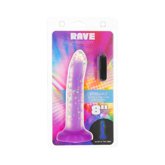 Addiction Rave 8 " Bendable Glow-in-the-Dark Silicone Dildo Purple Confetti