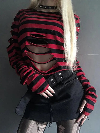 Striped Sexy Hollow Out Crop Top