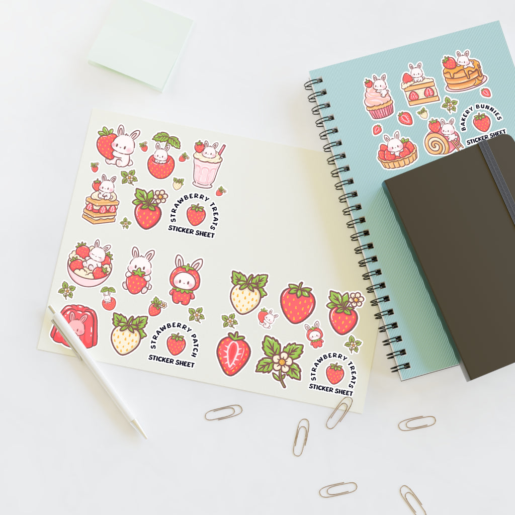Sweet Strawberry Bunny Sticker Sheet - Puppy's Aesthetics