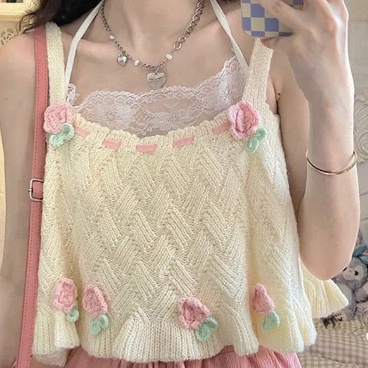 Kawaii Chic Tank Top Flower Embroidery Knitted