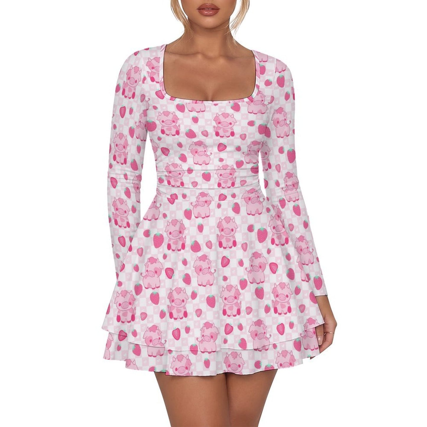Custom Women's Square Neckline Ruffled Mini Dress