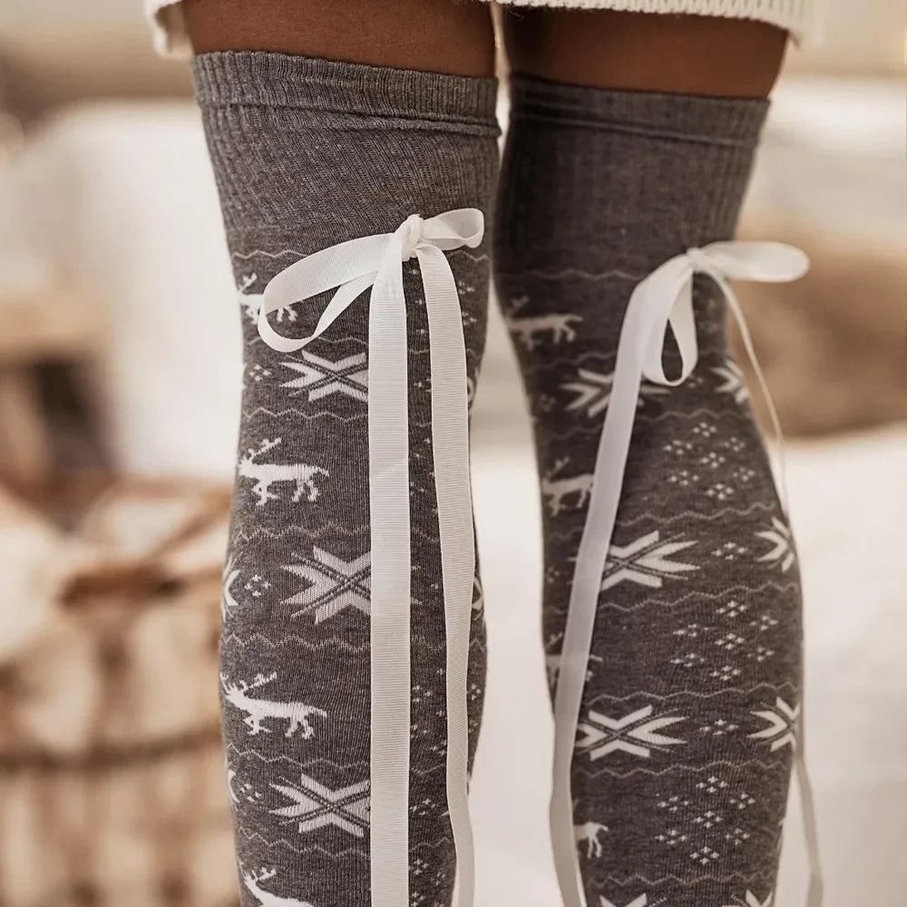 Christmas Bowknot Over-Knee Cozy Socks - Puppy's Aesthetics
