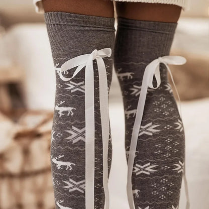 Christmas Bowknot Over-Knee Cozy Socks - Puppy's Aesthetics