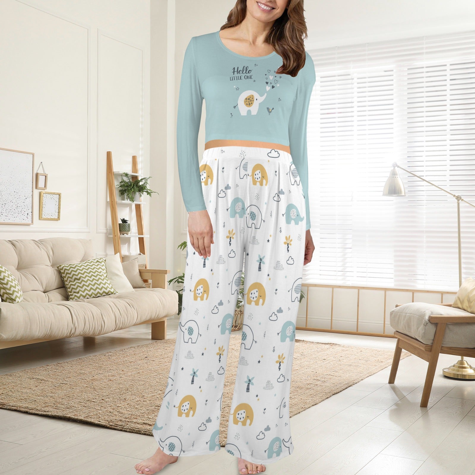 Women's Cartoon Elephant Round Neck Long Pajama Sets