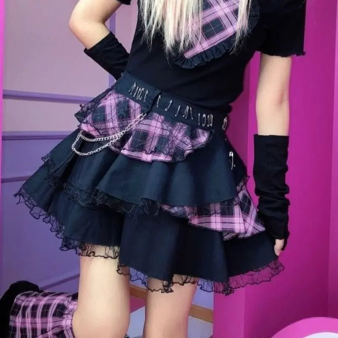 Plaid Lace Punk Skirt