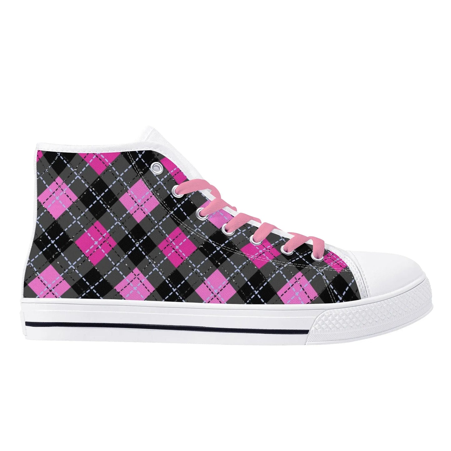 Pink Plaid Womens High Top Canvas Shoes - Image #6