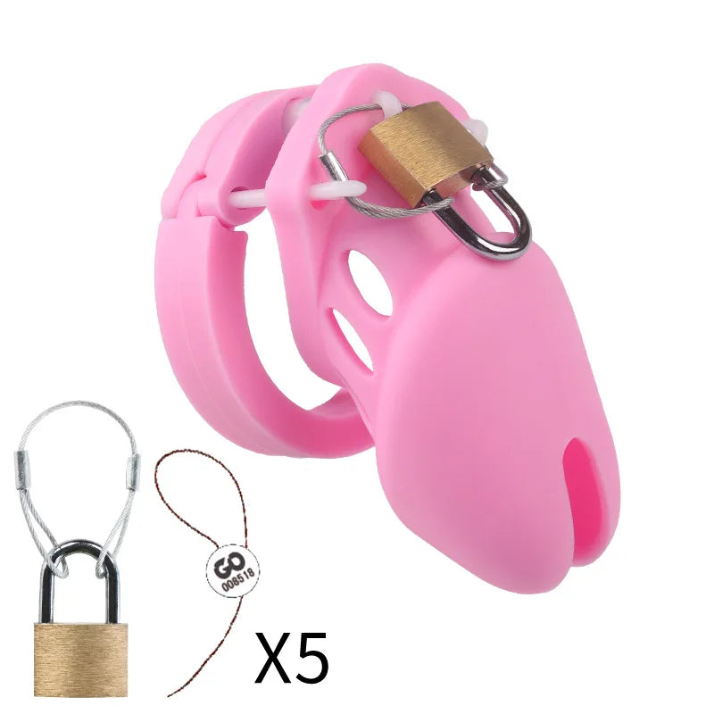 Silicone Chastity Cage Male Cock Lock with 5 Penis Rings