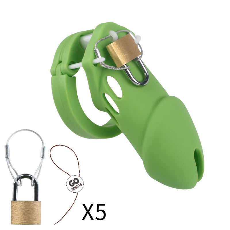 Silicone Chastity Cage Male Cock Lock with 5 Penis Rings