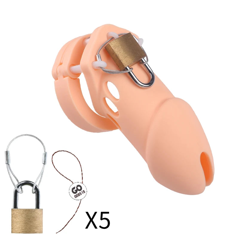 Silicone Chastity Cage Male Cock Lock with 5 Penis Rings