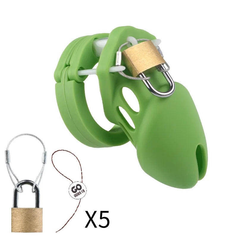 Silicone Chastity Cage Male Cock Lock with 5 Penis Rings