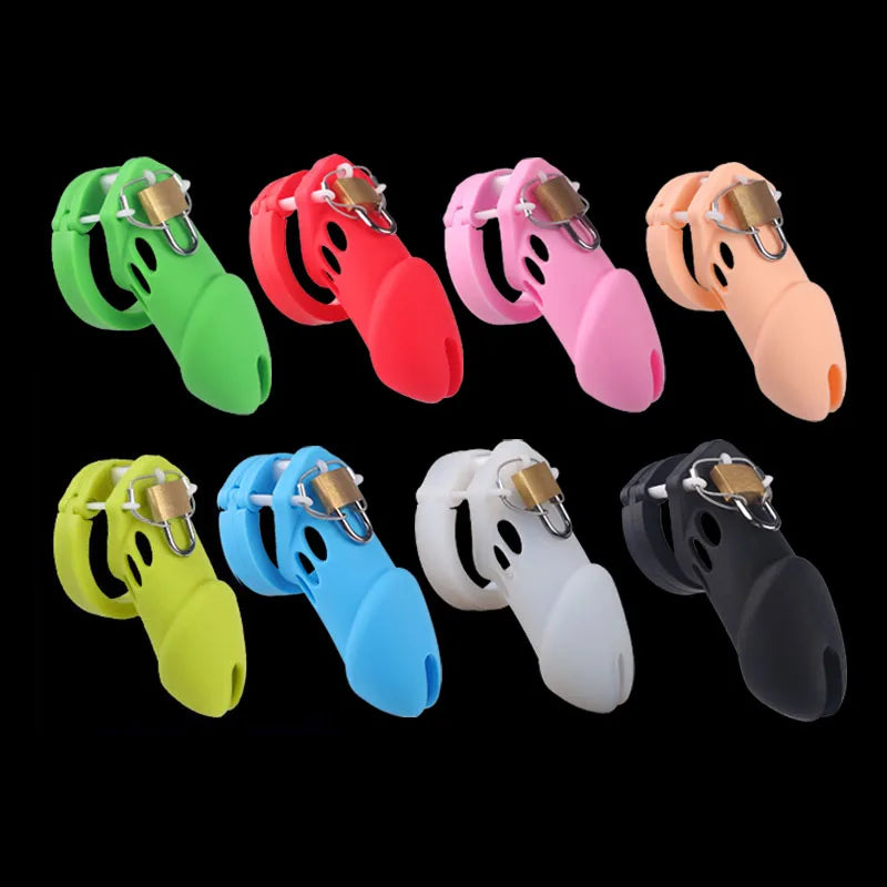 Silicone Chastity Cage Male Cock Lock with 5 Penis Rings