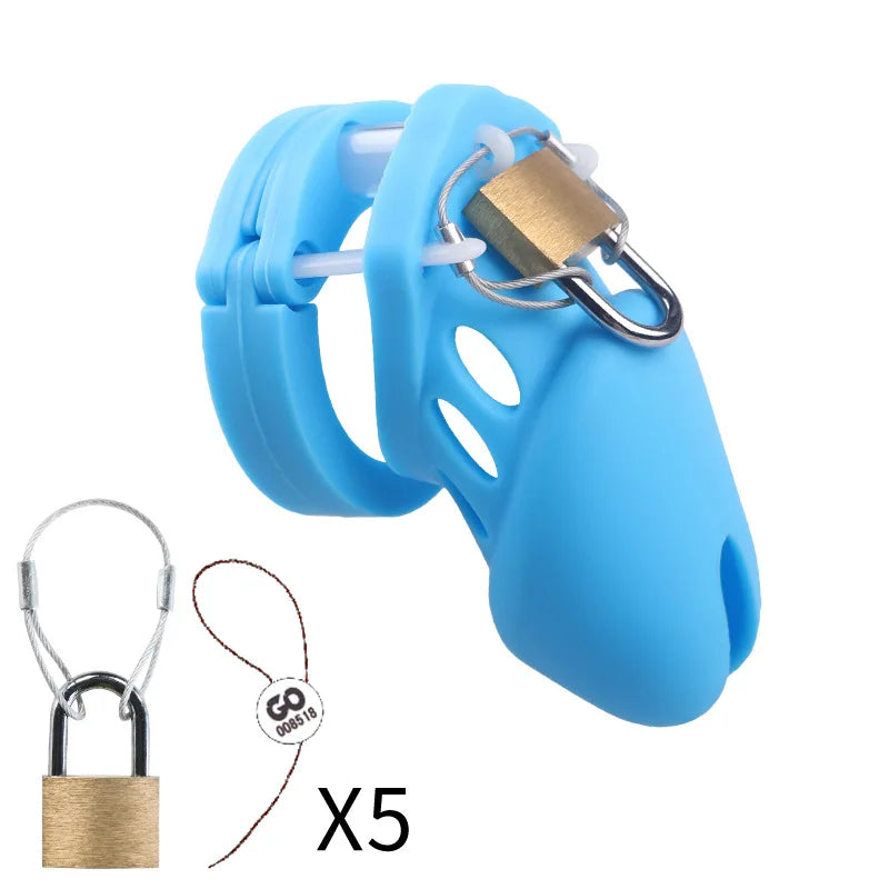 Silicone Chastity Cage Male Cock Lock with 5 Penis Rings